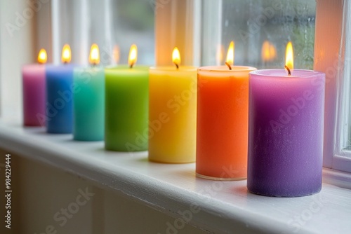 Brightly colored candles placed in a neat row along a windowsill 