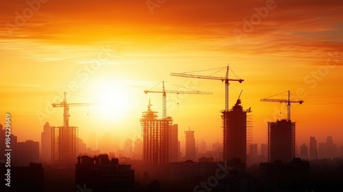 A city skyline with a large crane in the foreground and a sun in the background