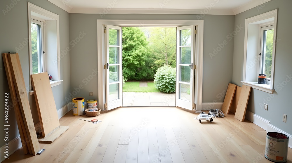 Fototapeta premium Interior Room with French Doors and Hardwood Floors