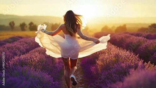 Hand woman tenderly holds lavender flowers summer sunset slow motion slide back. Slide field of large blooming of lavender flowers. Sun's rays are purple plant Relax. Aromatherapy.