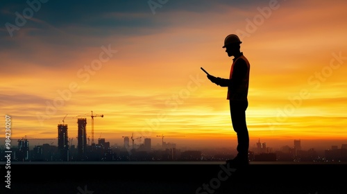 A man in a hard hat is standing on a rooftop looking at a tablet