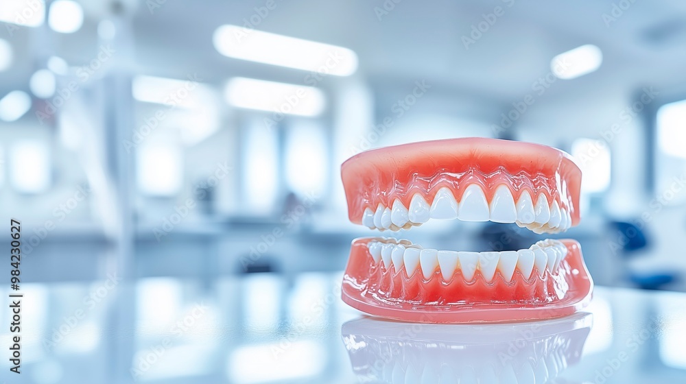 Model of human teeth displayed in a dental clinic setting with copy space for text, dental clinic advertising, oral health advert, dentist advertise Model of human teeth displayed in a dental clinic setting with copy space for text, dental clinic advertising, oral health advert, dentist advertise