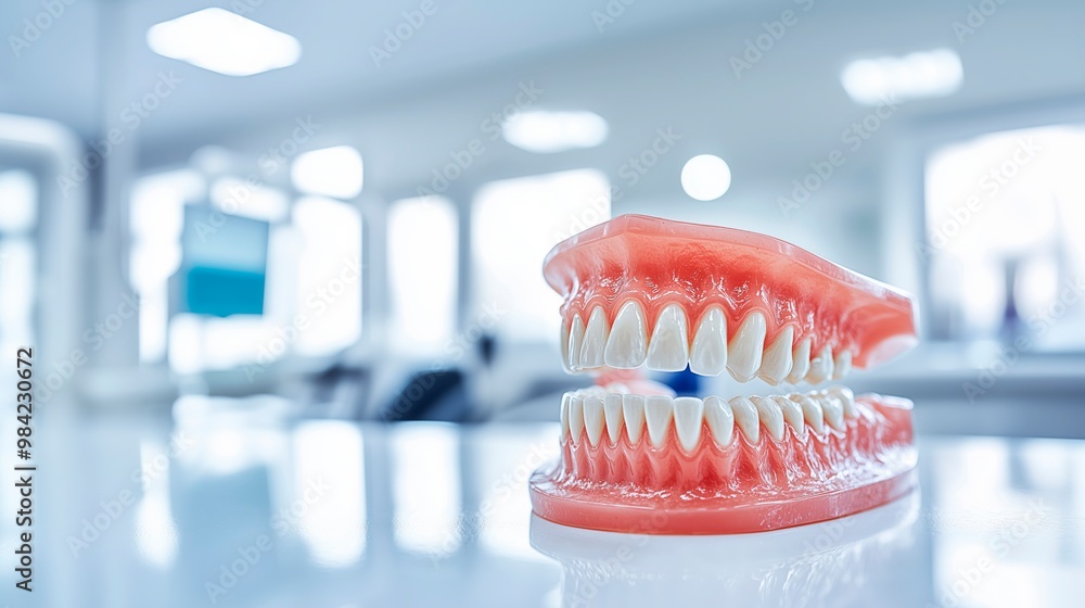 Model of human teeth displayed in a dental clinic setting with copy space for text, dental clinic advertising, oral health advert, dentist advertise Model of human teeth displayed in a dental clinic setting with copy space for text, dental clinic advertising, oral health advert, dentist advertise