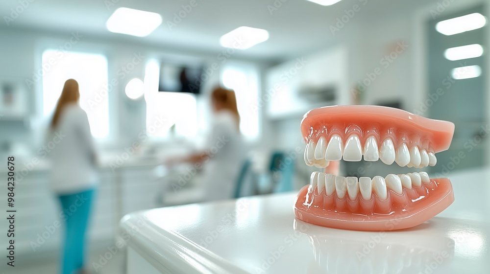 Dental clinic setting with model mouth and professionals discussing care with copy space for text, dental clinic advertising, oral health advert, dentist advertise Dental clinic setting with model mouth and professionals discussing care with copy space for text, dental clinic advertising, oral health advert, dentist advertise