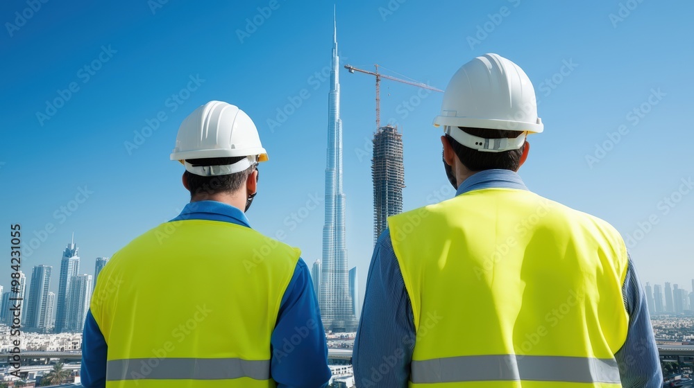 Two men in yellow vests stand on a construction site looking at a building Two men in yellow vests stand on a construction site looking at a building