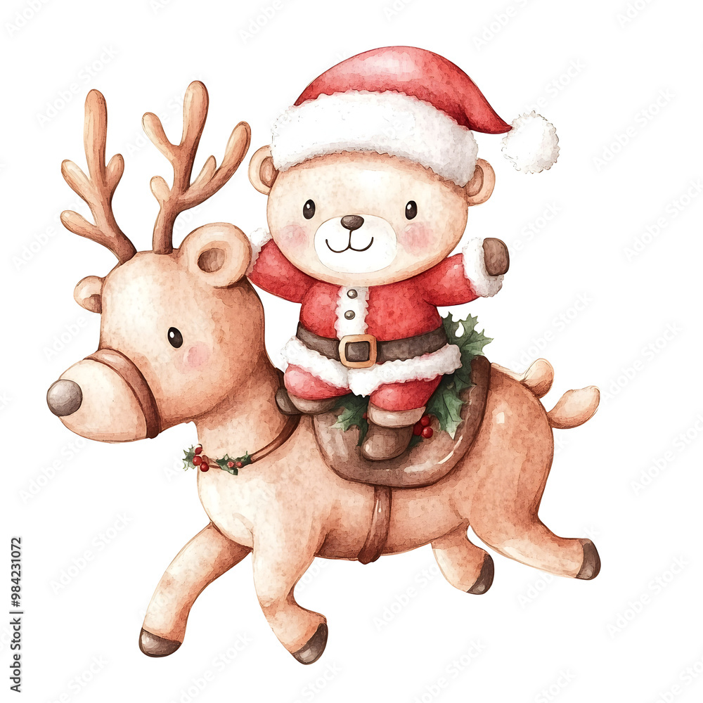 A cartoon bear is riding a reindeer in a red Santa suit A cartoon bear is riding a reindeer in a red Santa suit
