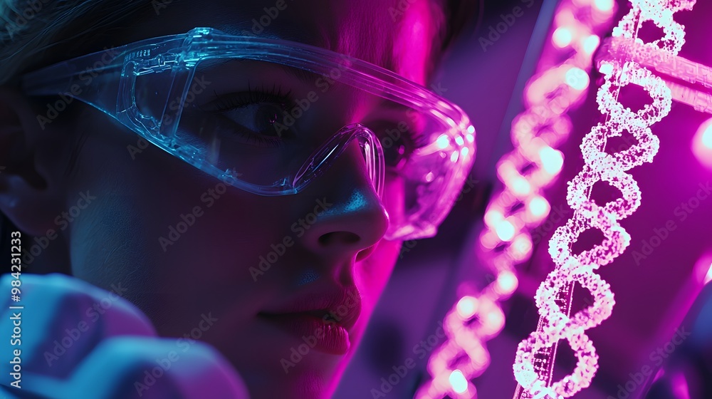 Female Scientist Examining DNA Strand in Lab. Female Scientist Examining DNA Strand in Lab.