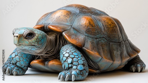 A detailed sculpture of a turtle with a textured shell.