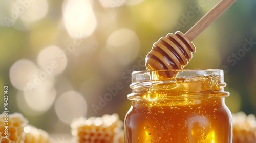 a jar of honey with a wooden dipper and honeycomb, Generative AI