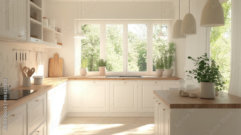 Fototapeta premium A light-filled kitchen with all-white cabinetry and natural wood countertops