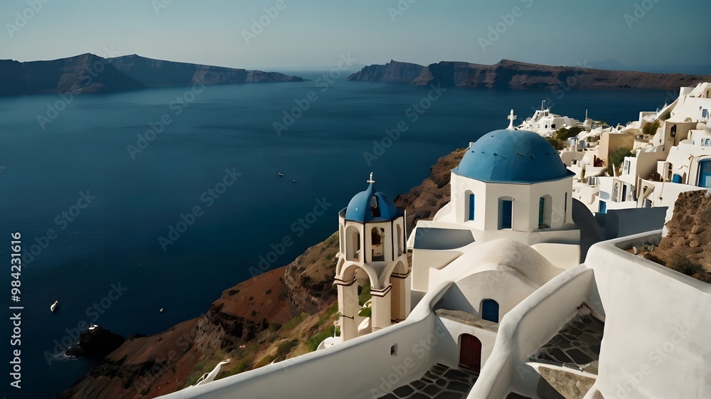 Fototapeta premium Santorini Greece – Iconic Blue Domes at Sunset