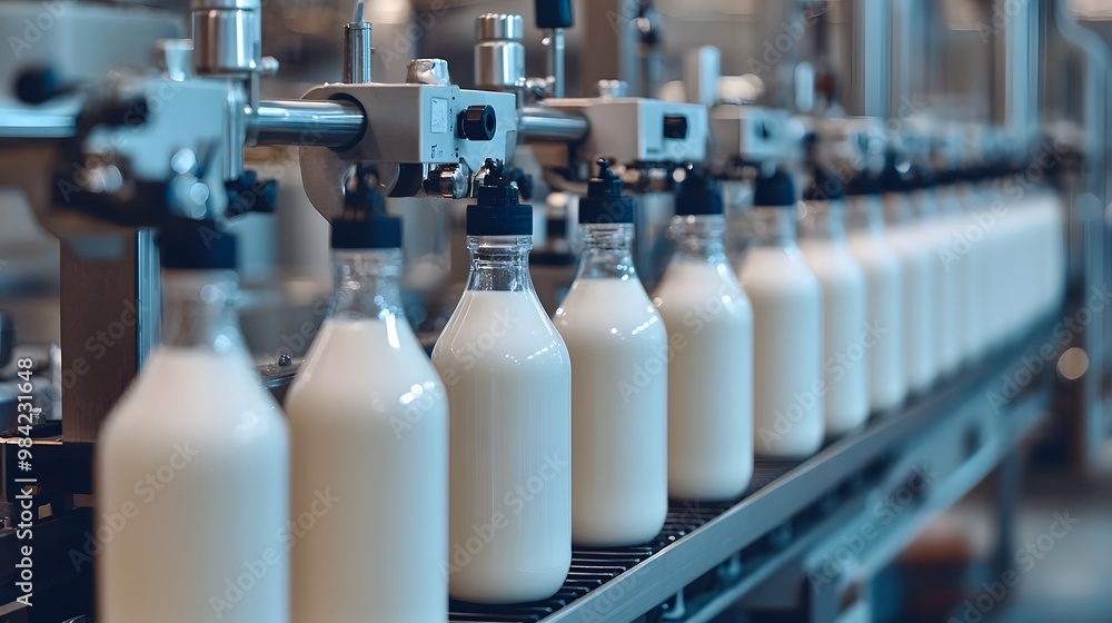 Milk Bottles on Conveyor Belt in Factory. Milk Bottles on Conveyor Belt in Factory.