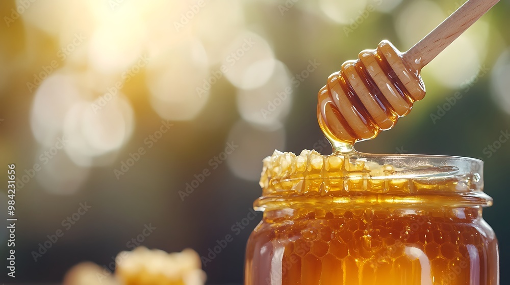 a jar of honey with a wooden dipper and honeycomb, Generative AI a jar of honey with a wooden dipper and honeycomb, Generative AI