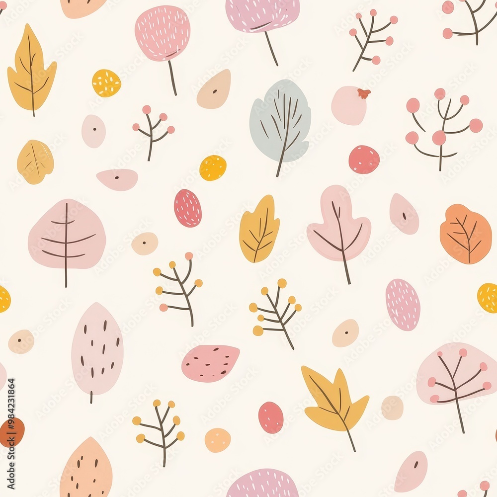 A whimsical pattern featuring colorful leaves and berries, perfect for adding a playful touch to your design projects. A whimsical pattern featuring colorful leaves and berries, perfect for adding a playful touch to your design projects.