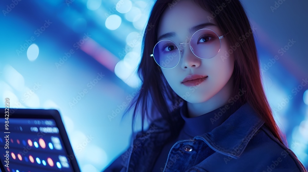 Young woman in blue glasses looking at the camera Young woman in blue glasses looking at the camera