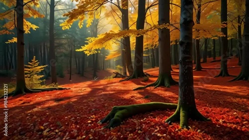 Bright autumn forest with golden leaves on the ground 