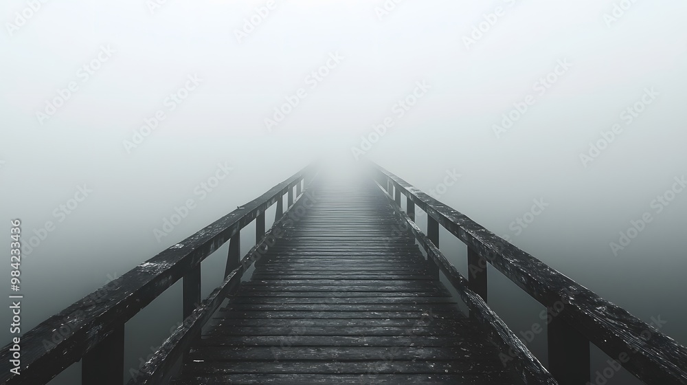 Wooden Bridge Disappearing into Fog. Wooden Bridge Disappearing into Fog.