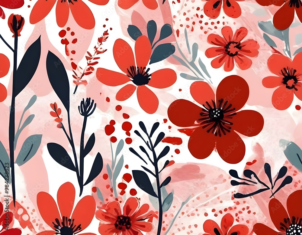 red floral pattern featuring flowers and leaves on a soft pink background, ideal fabric or wallpaper red floral pattern featuring flowers and leaves on a soft pink background, ideal fabric or wallpaper