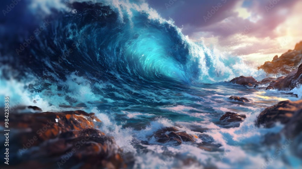 Fototapeta premium Majestic Ocean Wave Crashing on Rocks.