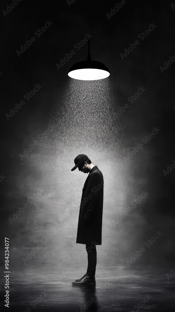 Obraz premium Noir Mystery: Silhouetted Figure Under Streetlight in Rain - High Contrast Black and White Photography