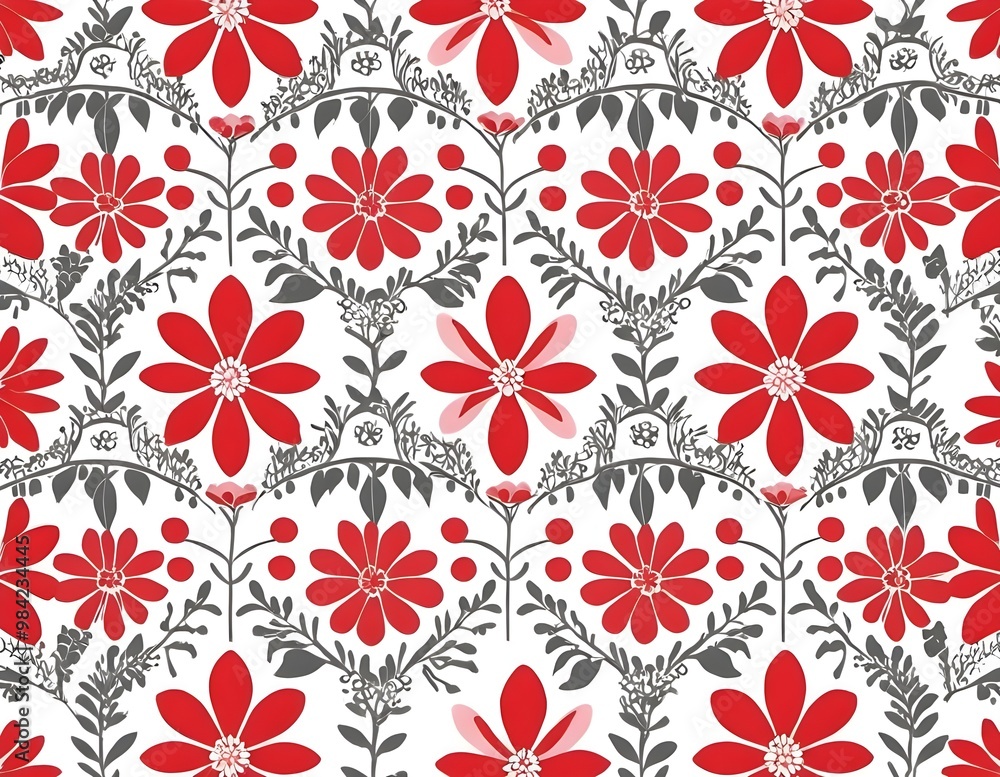 red floral pattern featuring flowers and leaves on a soft pink background, ideal fabric or wallpaper red floral pattern featuring flowers and leaves on a soft pink background, ideal fabric or wallpaper