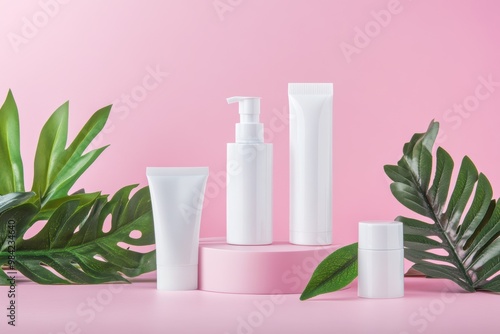 A stylish cosmetic packaging mock-up featuring elegant bottles and tubes arranged on a soft pastel background