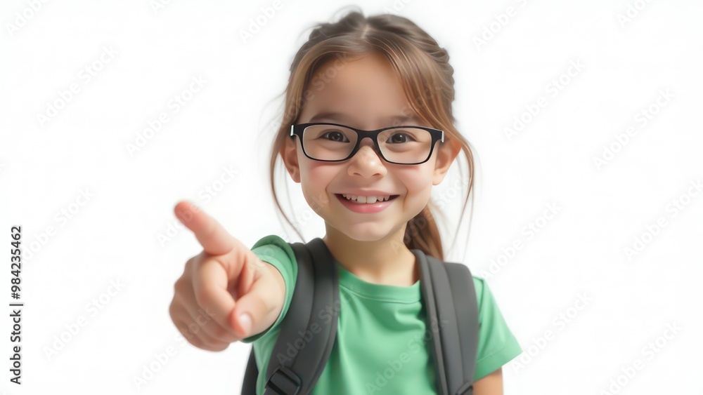little girl (10 years old, smile, looking at camera, green t-shirt, glasses, backpack), pupil points with her finger to the side on white background, hand pointing empty place little girl (10 years old, smile, looking at camera, green t-shirt, glasses, backpack), pupil points with her finger to the side on white background, hand pointing empty place