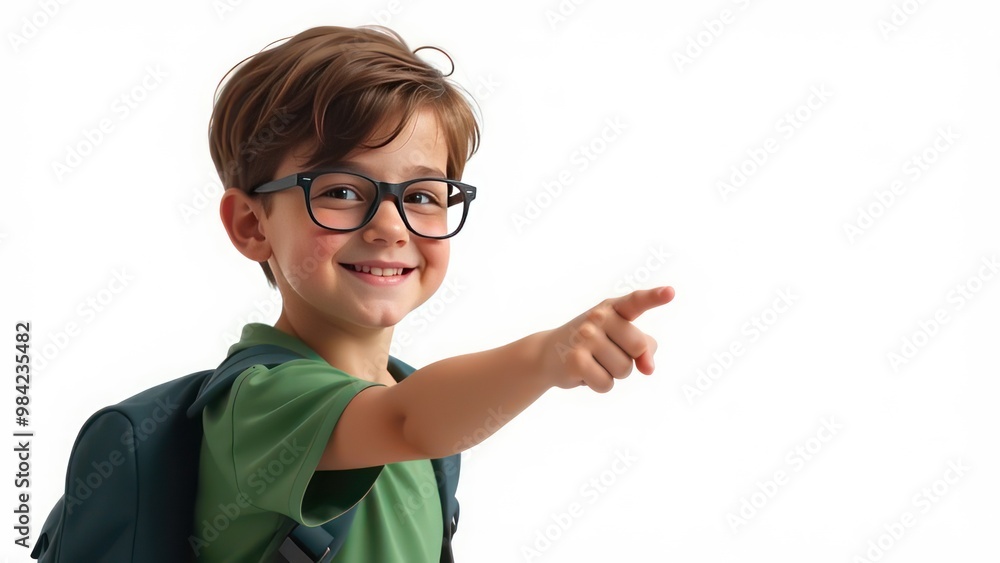 little boy (10 years old, smile, looking at camera, green t-shirt, glasses, backpack), pupil points with her finger to the side on white background, hand pointing empty place little boy (10 years old, smile, looking at camera, green t-shirt, glasses, backpack), pupil points with her finger to the side on white background, hand pointing empty place