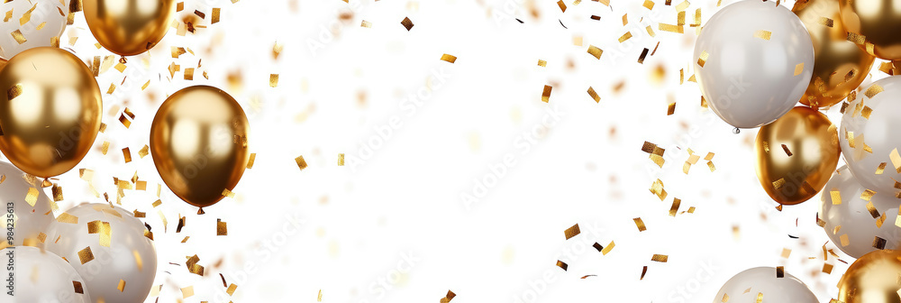 Fototapeta premium Gold and white balloons floating with falling confetti on white background