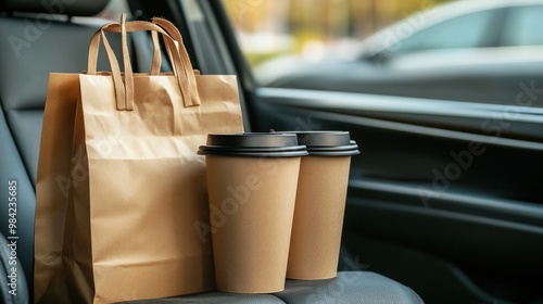 Two coffee cups and takeout bag on car seat showing road. photo