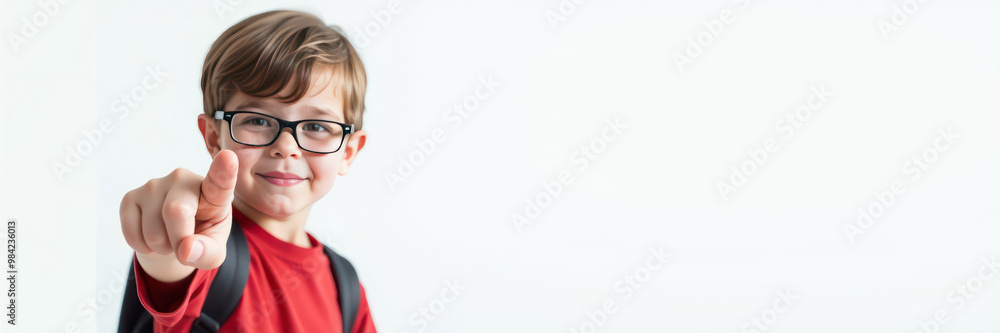 Banner, little boy (10 years old, smile, looking at camera, red t-shirt, glasses, backpack), pupil points with her finger to the side on white background, hand pointing empty place Banner, little boy (10 years old, smile, looking at camera, red t-shirt, glasses, backpack), pupil points with her finger to the side on white background, hand pointing empty place