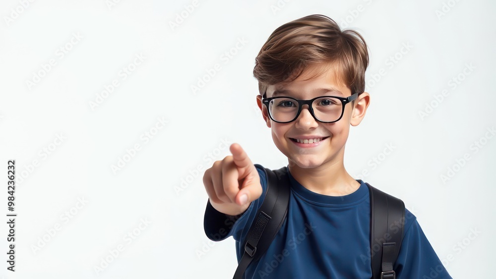 little boy (10 years old, smile, looking at camera, deep blue t-shirt, glasses, backpack), pupil points with her finger to the side on white background, hand pointing empty place little boy (10 years old, smile, looking at camera, deep blue t-shirt, glasses, backpack), pupil points with her finger to the side on white background, hand pointing empty place