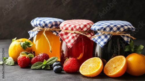 Colorful Jars of Jam with Fresh Fruits on Dark Background photo