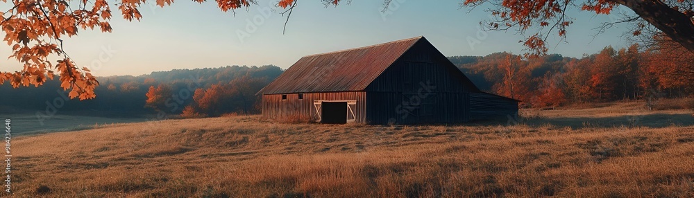 A rustic barn sits in a field of tall grass