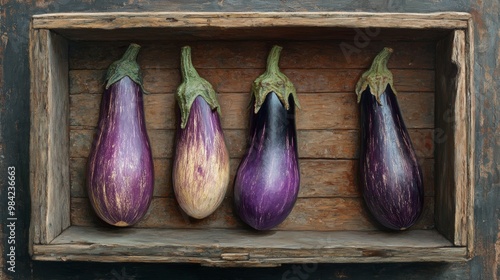Fresh Eggplants in Rustic Wooden Crate Display
