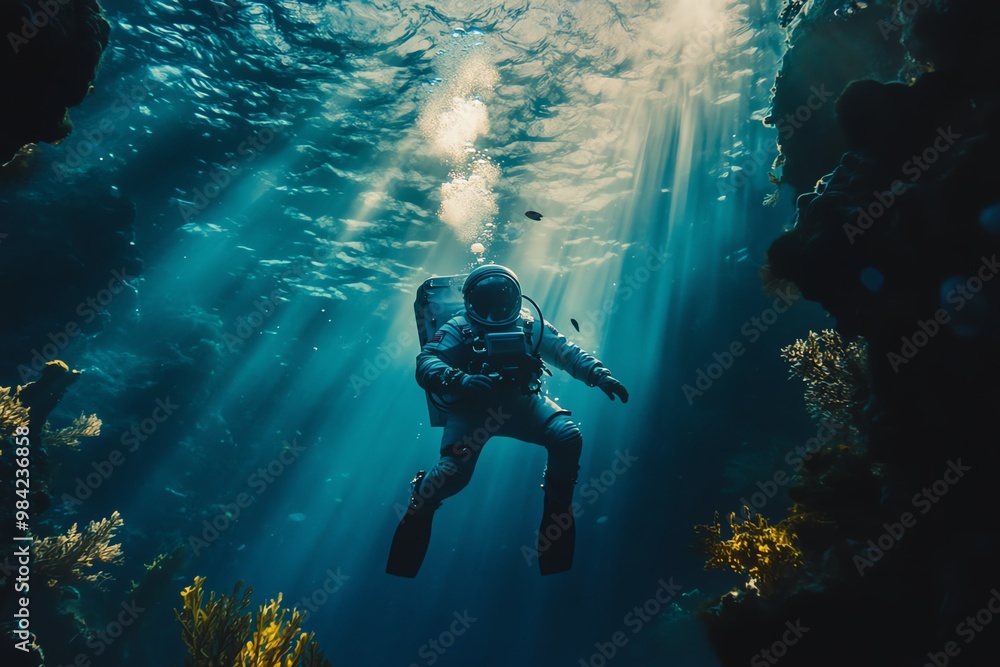 Low-angle view of a subaquatic astronaut exploring vibrant coral reefs, sunlight filtering through water, ethereal glow Low-angle view of a subaquatic astronaut exploring vibrant coral reefs, sunlight filtering through water, ethereal glow