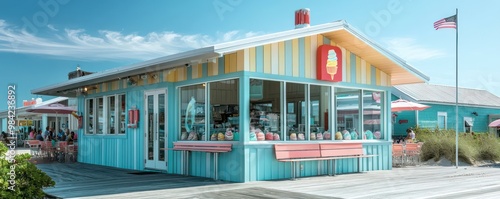 A beachside ice cream parlor with pastel-colored James Hardie siding, providing a nostalgic yet durable setting that withstands the salty air and bustling summer crowds photo