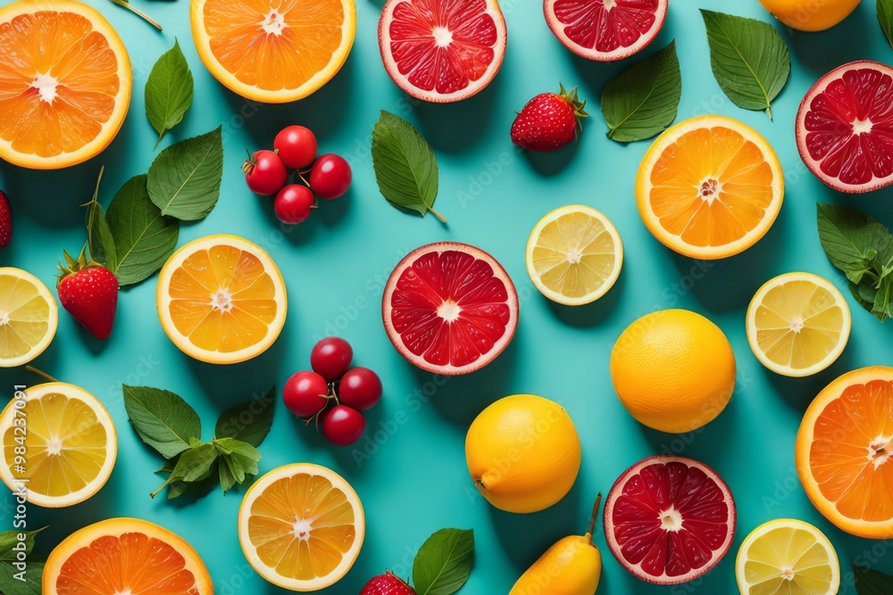 Citrus Burst: A vibrant mix of fresh citrus fruits, vibrant red strawberries, and lush green leaves pop against a cool blue background. A perfect visual representation of health, freshness. Citrus Burst: A vibrant mix of fresh citrus fruits, vibrant red strawberries, and lush green leaves pop against a cool blue background. A perfect visual representation of health, freshness.