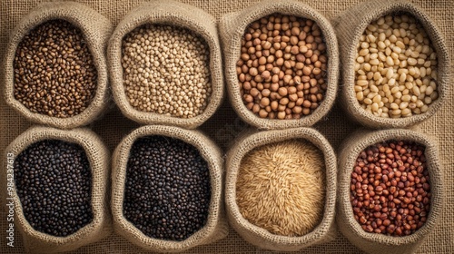 Variety of Natural Grains in Burlap Sacks