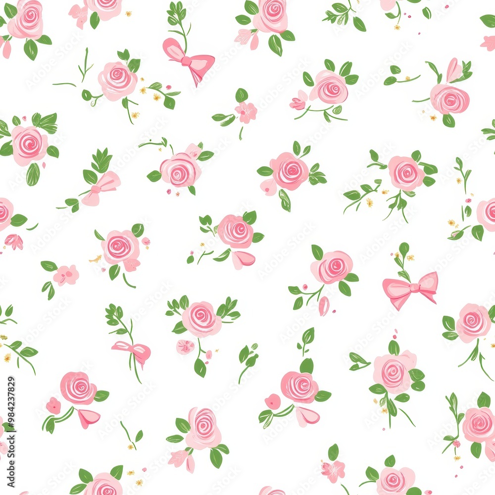 Delicate floral pattern featuring pink roses and green leaves on a white background, perfect for romantic designs and celebrations. Delicate floral pattern featuring pink roses and green leaves on a white background, perfect for romantic designs and celebrations.
