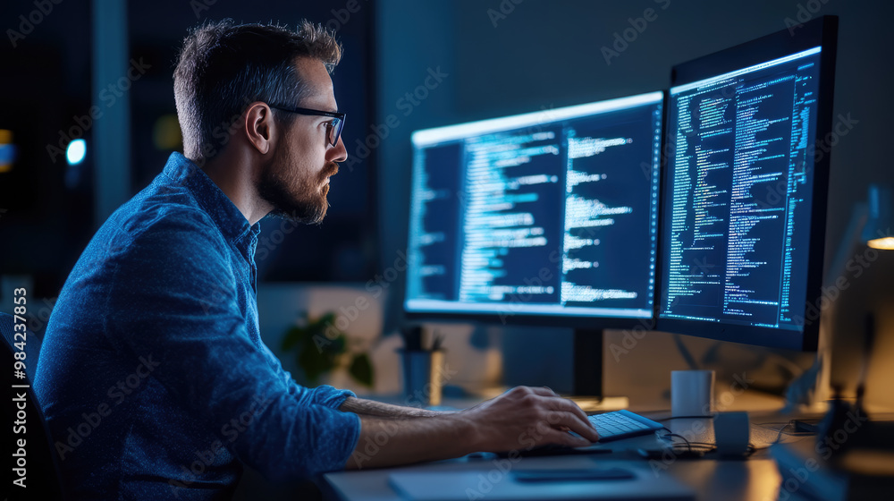 Software developer working on computer code at night in office Software developer working on computer code at night in office