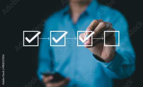 Checklist, Workflow Process for Quality Assurance. Marks checkboxes in digital checklist, step-by-step workflow process for quality assurance, document control, focusing on systematic task completion.