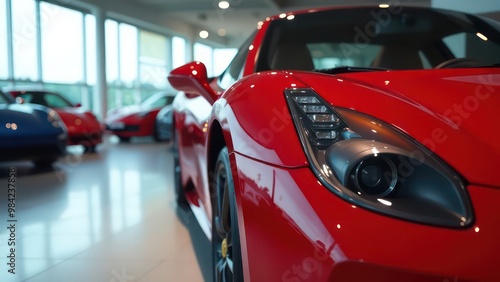 a close up view of a shiny red car in a showroom with other vehicles in the background