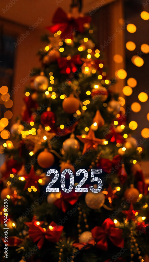A christmas tree with lights that say the number 2025, new year concept A christmas tree with lights that say the number 2025, new year concept