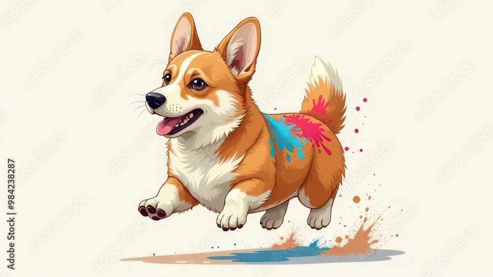 Corgi dog runs forward with a smile and color paint blots on its sides Corgi dog runs forward with a smile and color paint blots on its sides