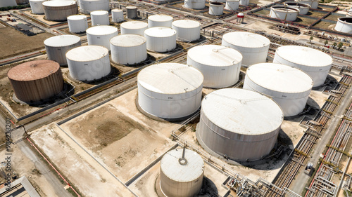 Aerial view of cylinder tanks of an industrial area. photo