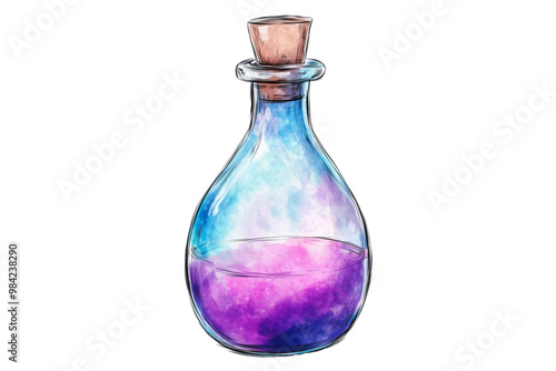 A fantasy-themed glass potion bottle filled with a glowing purple liquid, corked at the top, isolated on a transparent background, PNG