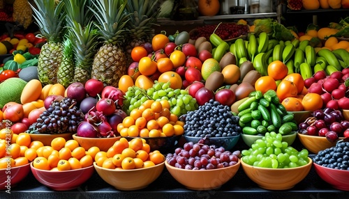 Vibrant arrangement of colorful fruits and vegetables displayed in bowls on a counter, highlighting diverse textures and hues