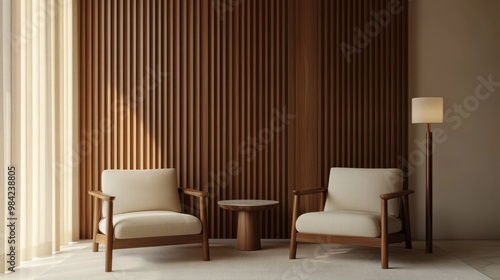 A minimalist seating area with two mid-century modern wooden armchairs and a small round photo