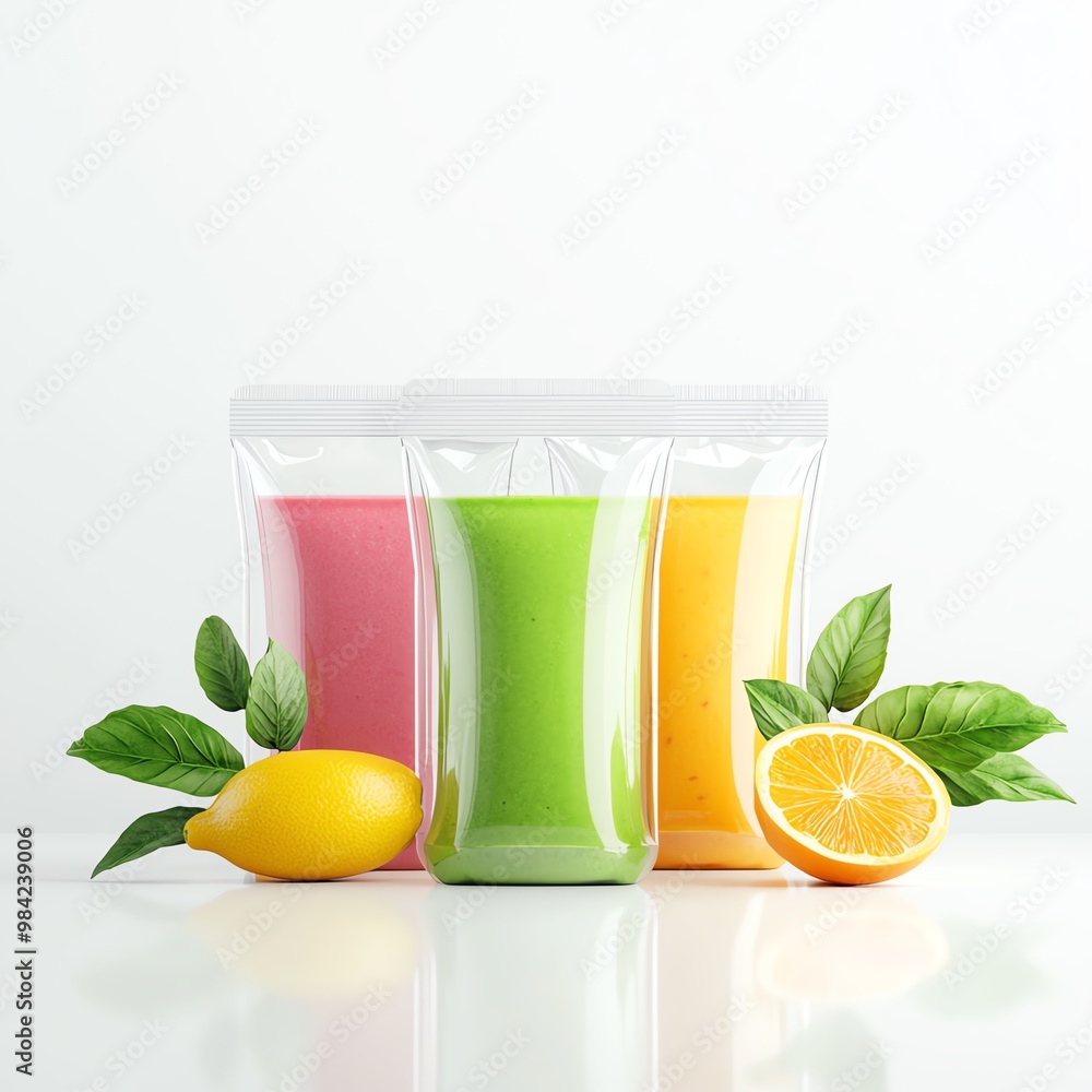 Fototapeta premium Three colorful drink pouches with lemon and orange slices, white isolate background